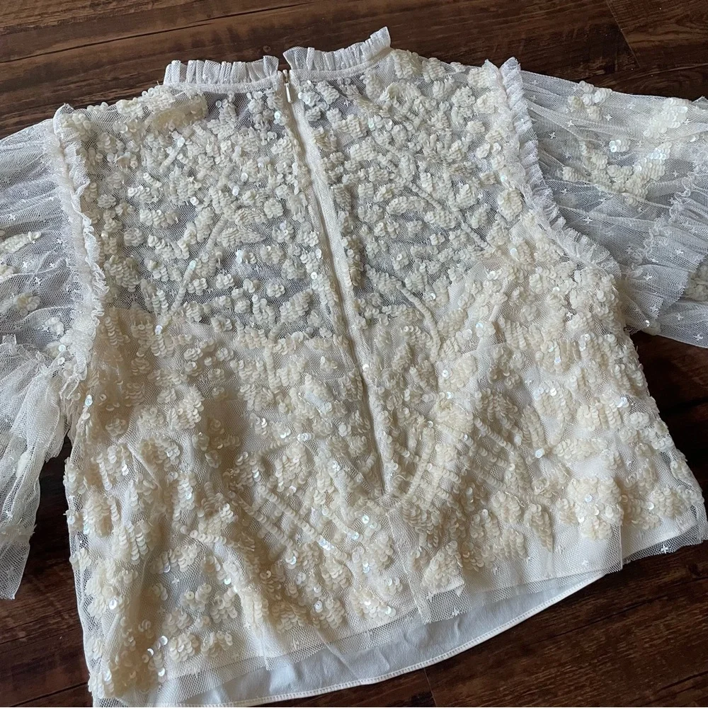 NEEDLE & THREAD Aurelia Sequin Embellished Top Natural Cream Ruffle Sheer Blouse - Picture 12 of 15